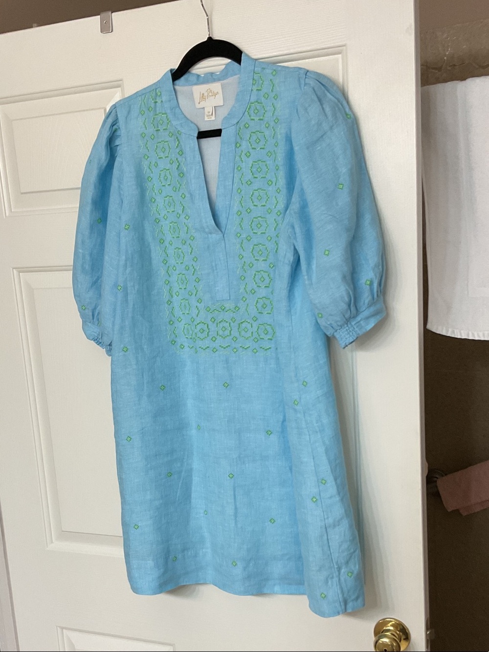 Lilly Pulitzer Sky Blue Linen Mini Dress with Lime Green Embroidery